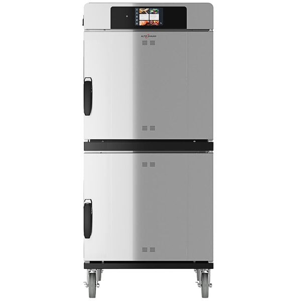 An Alto-Shaam Full Height Cook and Hold Smoker Oven with Deluxe Controls with two doors on wheels.