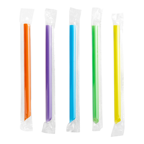 A yellow box with white border containing wrapped colorful neon Boba straws.
