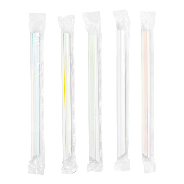 A group of plastic bags with different colored straws inside.