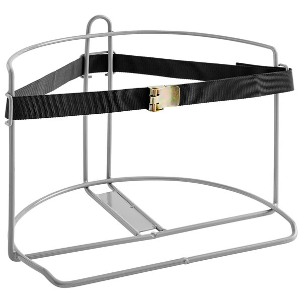 A metal Igloo truck rack with a black strap and buckle.