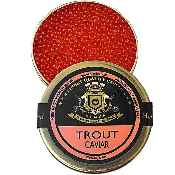 A round metal container of Bemka Rainbow Trout Caviar with a red label.