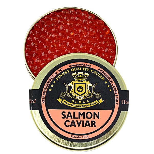 A tin of Bemka salmon caviar on a table in a deli.