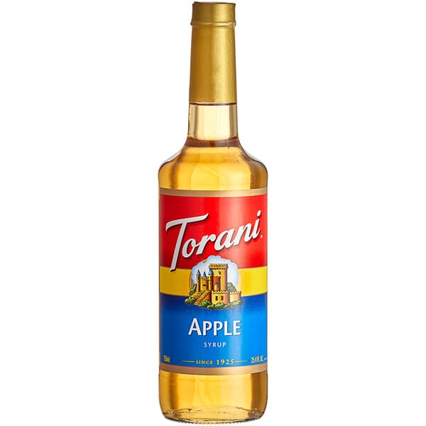 A close up of a Torani Apple Syrup bottle.