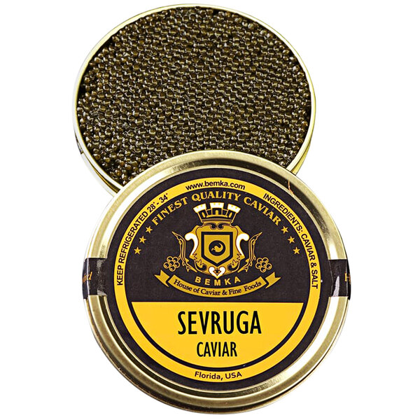 A can of Bemka Sevruga Sturgeon Caviar with a yellow label.