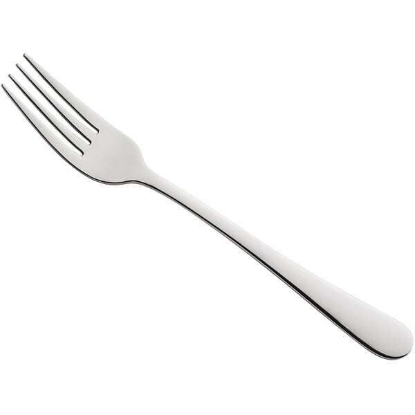 An Amefa stainless steel table fork with a white handle.