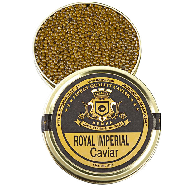 A can of Bemka Royal Imperial Kaluga hybrid sturgeon caviar with a black and gold label.