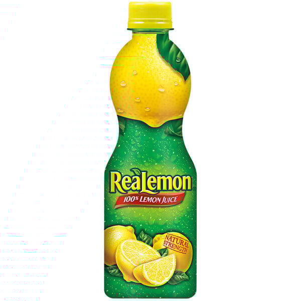 A close up of a ReaLemon bottle of lemon juice.