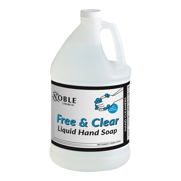 A white jug of Noble Chemical Free & Clear liquid hand soap with black labels.