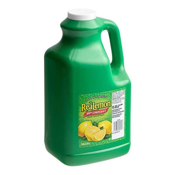 A green jug of ReaLemon juice on a white background.