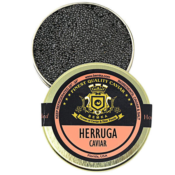 A tin of Bemka Herruga Sturgeon Caviar with a label.