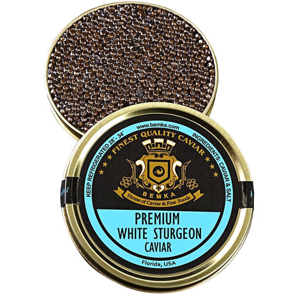 A tin of Bemka Premium Italian White Sturgeon Caviar with a blue label.