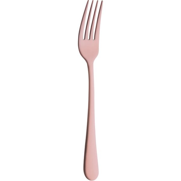 The handle of an Amefa Austin Copper stainless steel dessert fork with a close-up of a pink object.