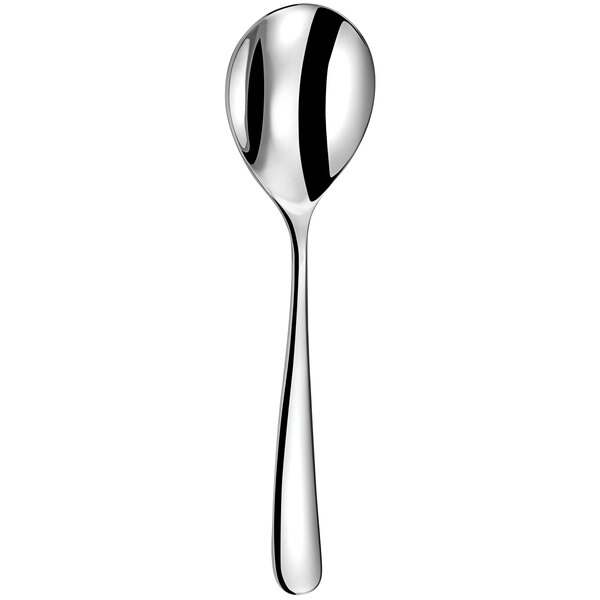 An Amefa stainless steel soup spoon with a long silver handle.