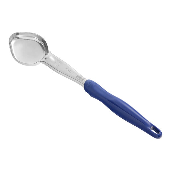 A blue Vollrath Jacob's Pride Spoodle with a blue handle.