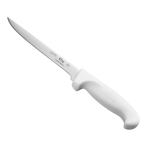 A 7-inch narrow semi-flexible fillet knife with a white handle.