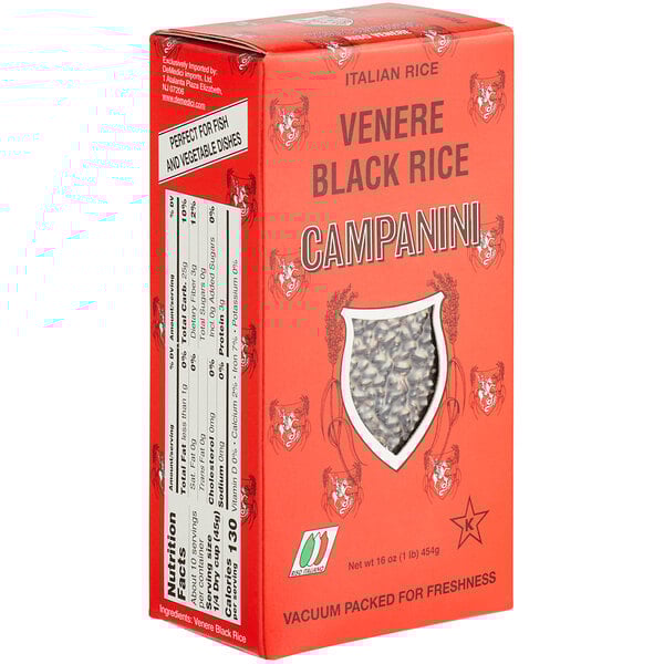 A red Campanini box of Venere black rice.