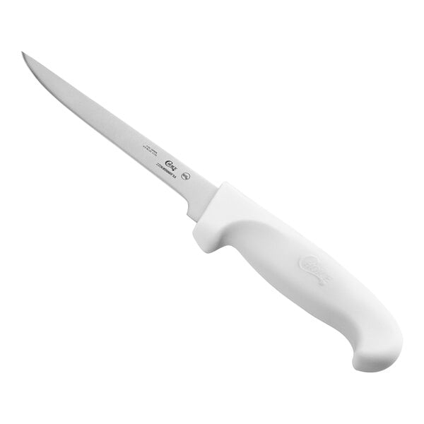 A 6-inch narrow flexible boning knife with a white handle.