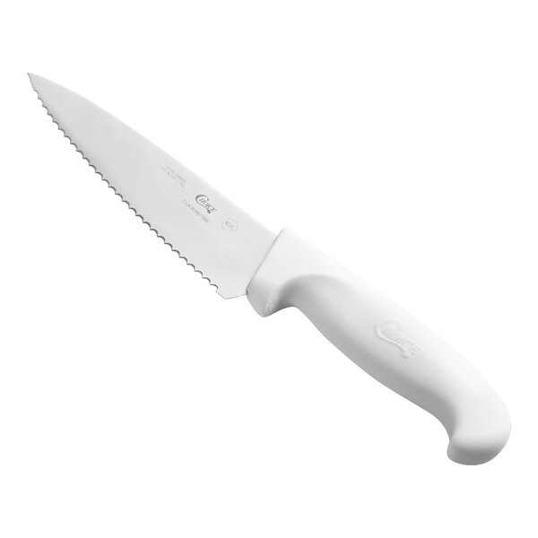 A 6-inch serrated chef knife with a white handle.