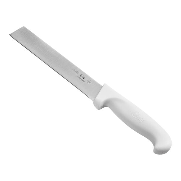A Choice produce knife with a white handle.