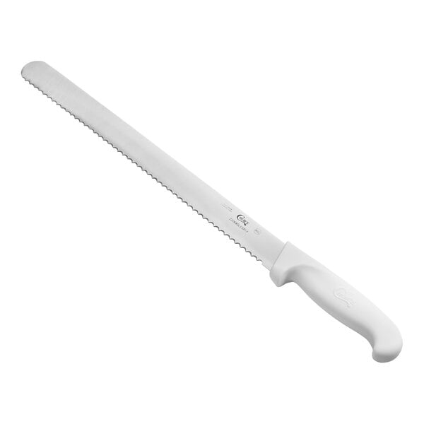 A 14-inch serrated edge slicing knife with a white handle.