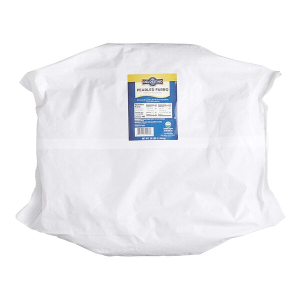 A white bag with a blue label and white text for Del Destino Semi-Pearled Farro.