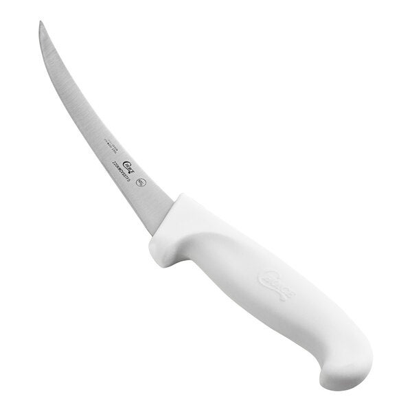 A curved semi-stiff boning knife with a white handle.