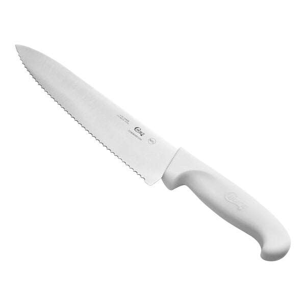 An 8-inch serrated chef knife with a white handle.