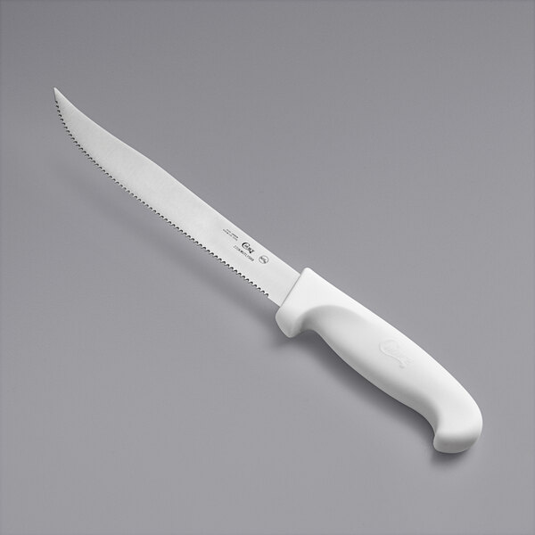 A Choice 8" serrated edge utility knife with a white handle.