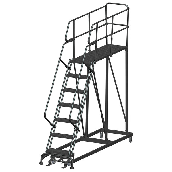 A black Ballymore steel mobile work platform ladder with metal bars.