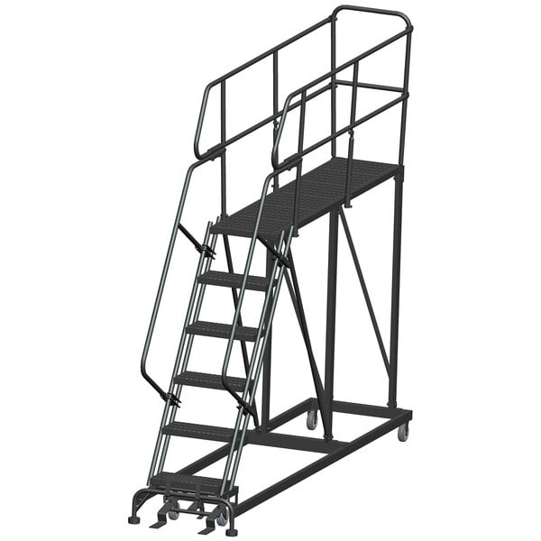 A black steel Ballymore mobile work platform with metal railings.