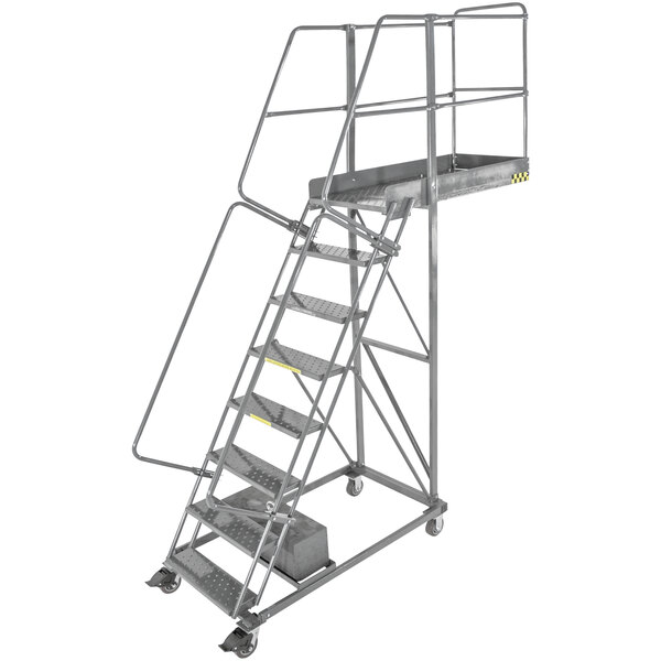 A Ballymore heavy-duty steel rolling cantilever ladder with a platform.