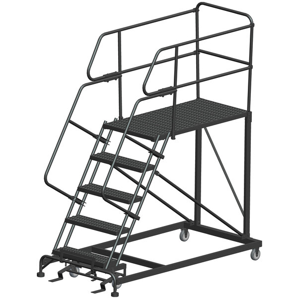 A black metal Ballymore mobile work platform with black metal handrails.
