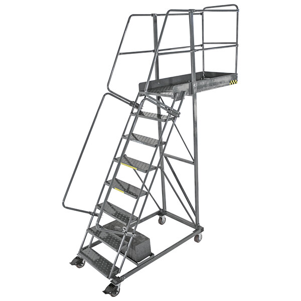 A Ballymore heavy-duty steel cantilever ladder with handrails and wheels.