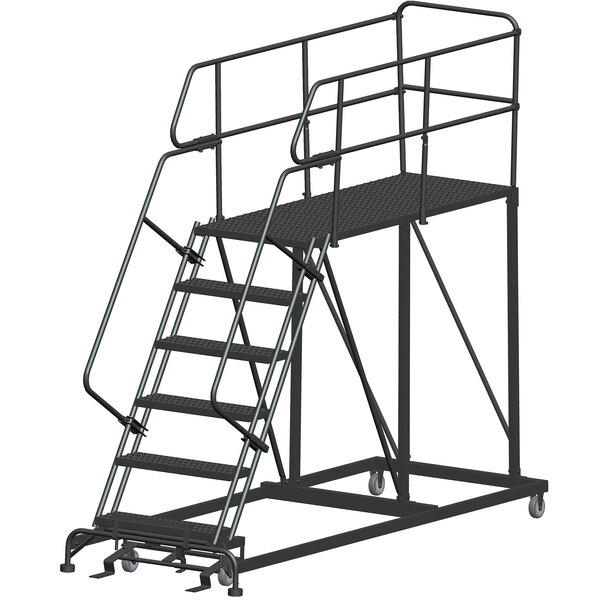 A black metal Ballymore work platform ladder with wheels and handrails.