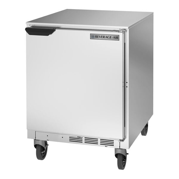 A silver Beverage-Air undercounter refrigerator with wheels.