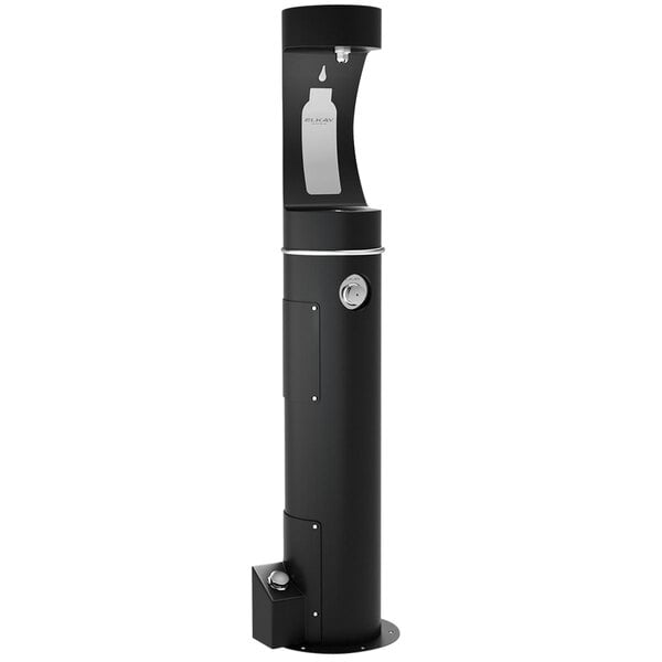 A black Elkay foot pedal for a water bottle filling station.