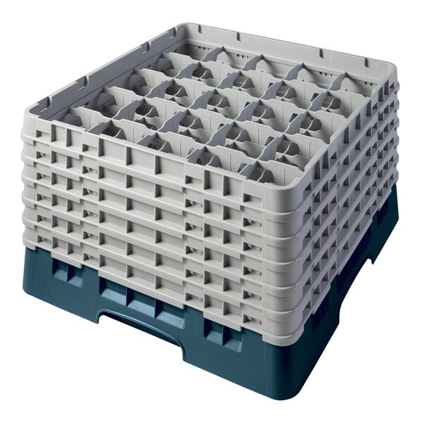 A teal plastic Cambro glass rack with extenders.