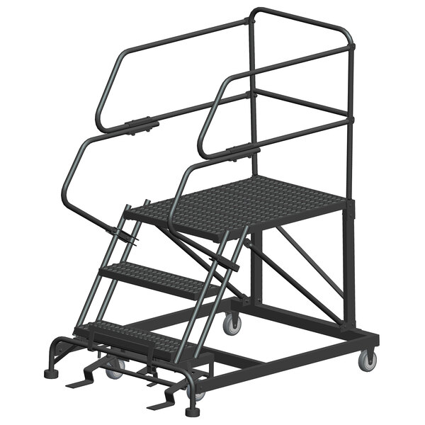 A black metal Ballymore work platform ladder with wheels and handrails.