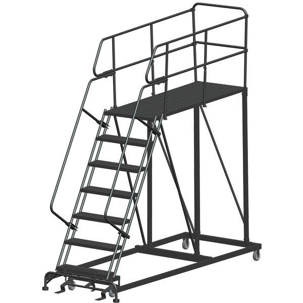 a black metal ladder with metal railings