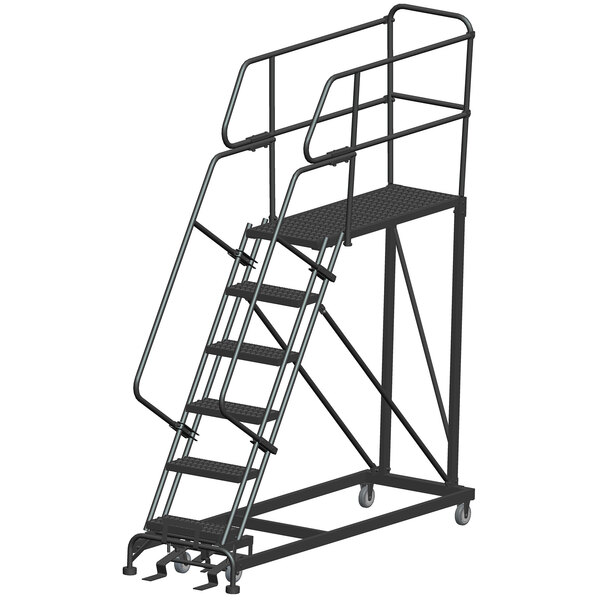 A black metal Ballymore work platform ladder with wheels and handrails.