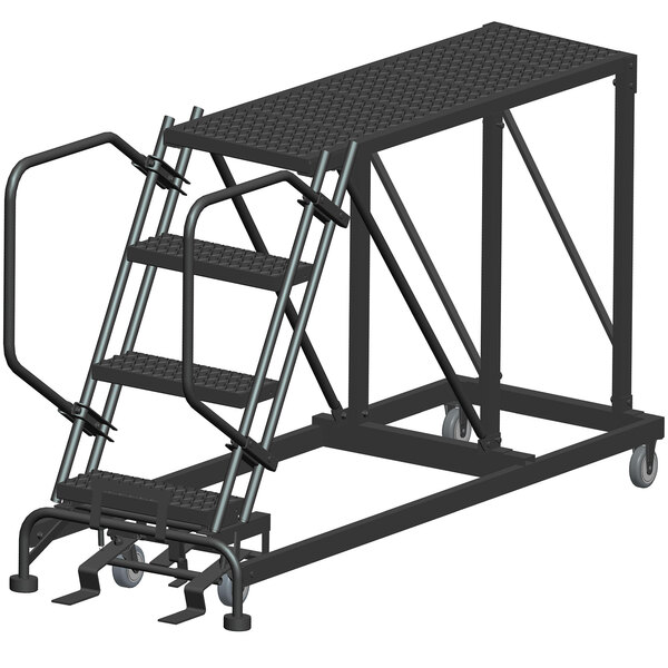 A black metal Ballymore mobile work platform with 4 steps and metal bars.