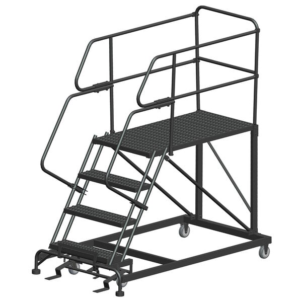 A black metal Ballymore mobile work platform ladder with handrails and wheels.