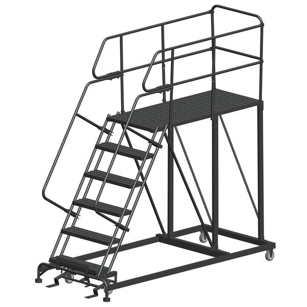 A black metal Ballymore work platform with handrails and wheels.