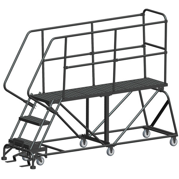 a black metal ladder with a ladder on wheels
