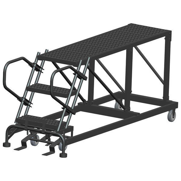 A black metal Ballymore mobile work platform ladder on wheels.