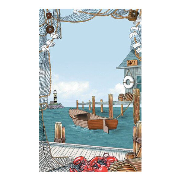 An illustrated scene of a harbor with a wooden dock, a small boat tied to the pier, a bait shop, fishing nets, and a lighthouse in the background, with crabs and barrels on the dock.