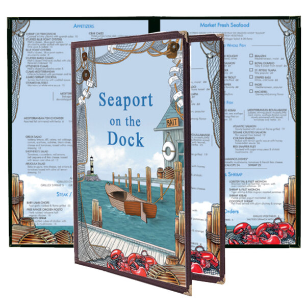 8 1/2" x 14" menu paper with a blue seafood themed harbor design cover featuring a red lobster with claws.