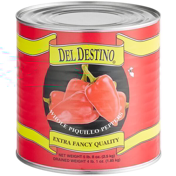 A Del Destino #10 can of roasted Piquillo peppers with a label.