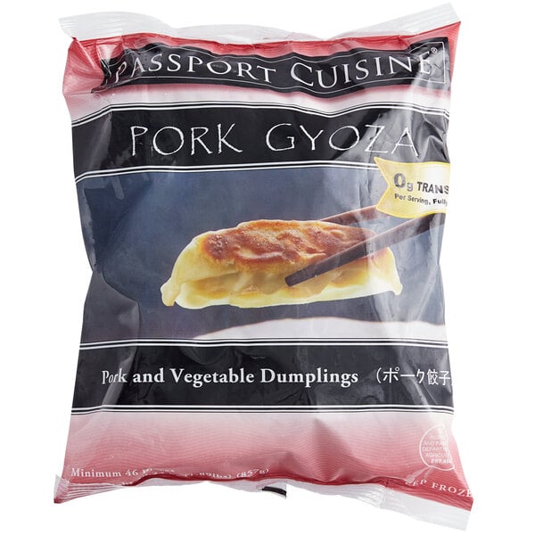 A bag of Passport Cuisine Pork Gyoza Dumplings with a picture of food on the front.