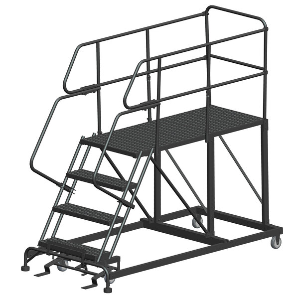 A black metal Ballymore work platform with handrails and wheels.